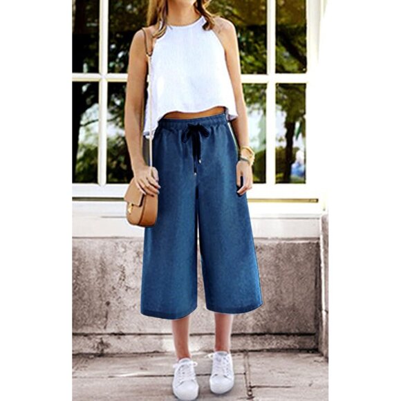 Women Elastic Waist Wide Leg Cropped Denim Pants Casual Flare Capris - Picture 7 of 7